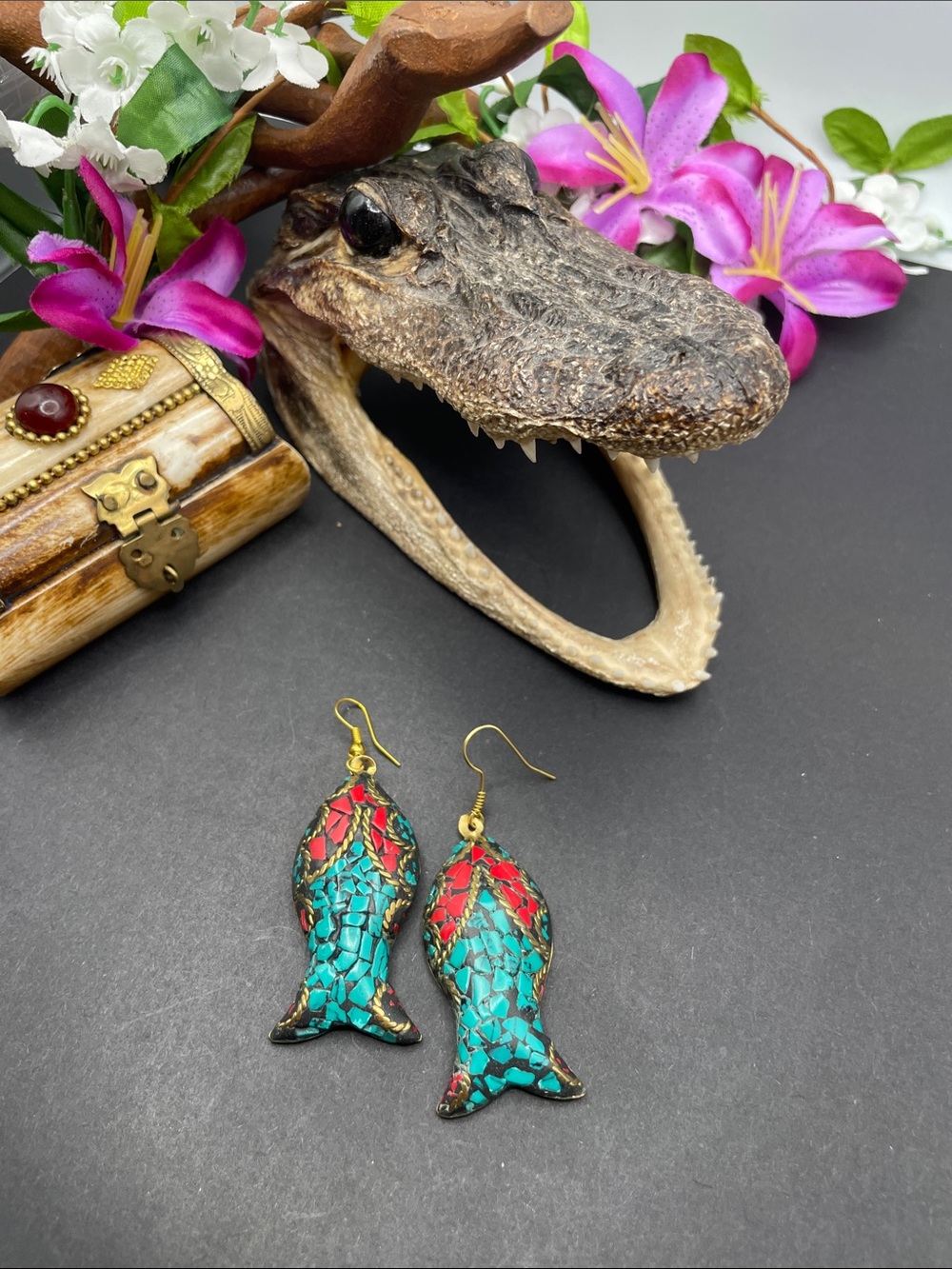India mosaic fish earrings